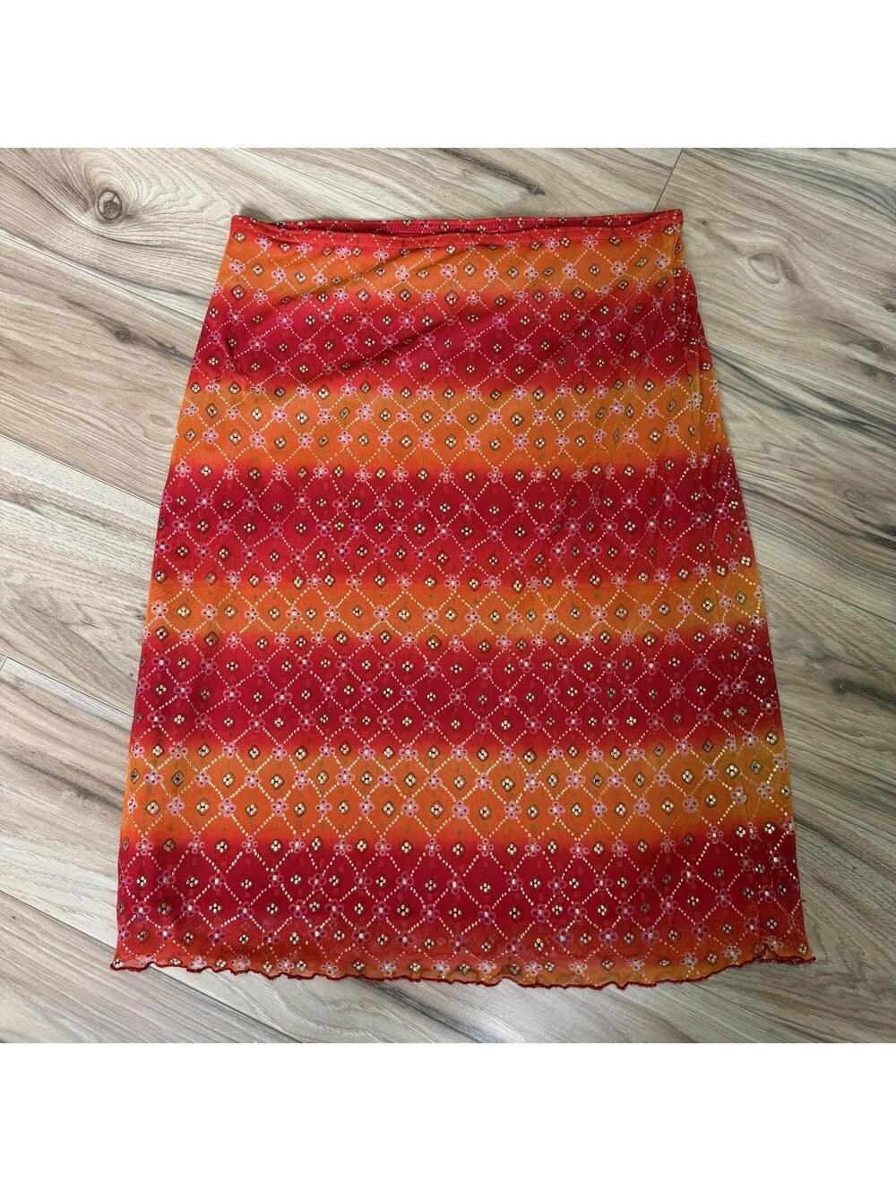 Tracy Evans Limited Y2K Mesh Mini Skirt Red Orange Floral Print Lettuce Hem M